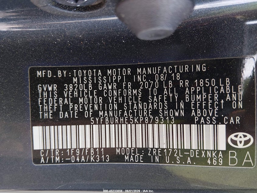 2019 Toyota Corolla VIN 5YFBURHE5KP879313 IAAI salvage auction — FRONT END, Salvage Title, sold $4,525 on 2026-07-15 (photo 9)