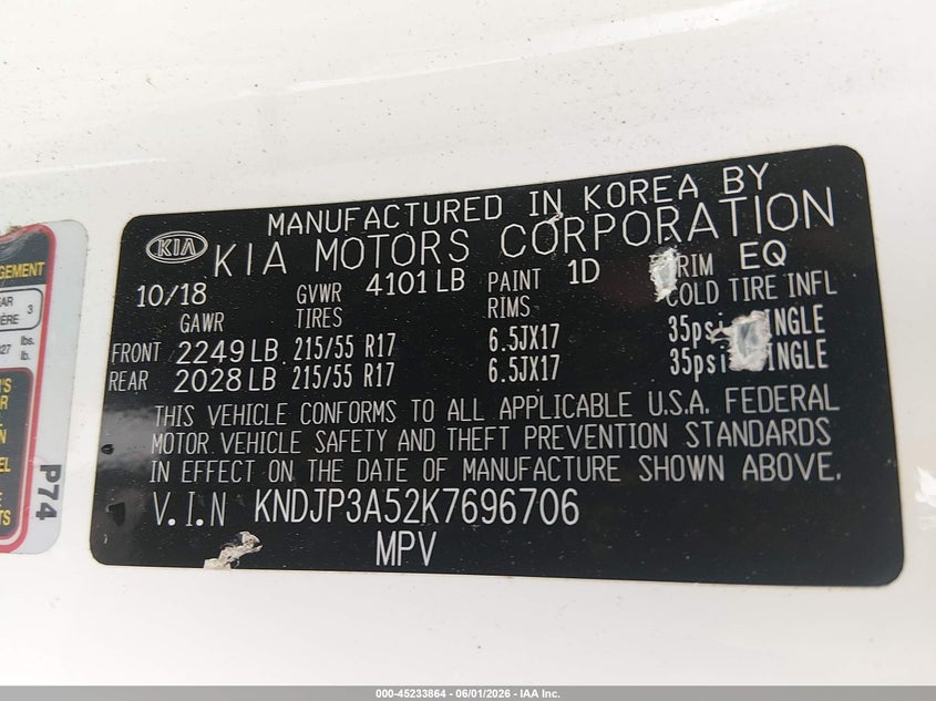 2019 Kia Soul VIN KNDJP3A52K7696706 IAAI salvage auction — LEFT SIDE, Salvage Title, sold $25 on 2026-07-29 (photo 9)