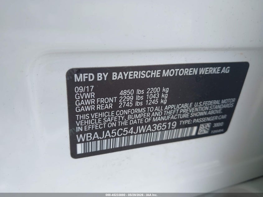 2018 BMW 5er VIN WBAJA5C54JWA36519 IAAI salvage auction — WATER/FLOOD, Salvage Title, sold $6,300 on 2026-07-19 (photo 9)
