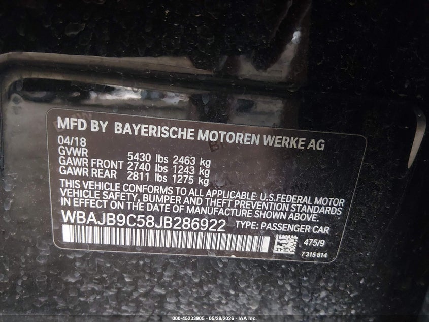 2018 BMW 5er VIN WBAJB9C58JB286922 IAAI salvage auction — FRONT END, Salvage Title, sold $3,800 on 2026-07-21 (photo 9)