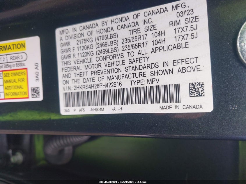 2023 Honda Cr-v VIN 2HKRS4H26PH422916 IAAI salvage auction — FRONT END, Salvage Title, sold $5,100 on 2026-07-29 (photo 9)