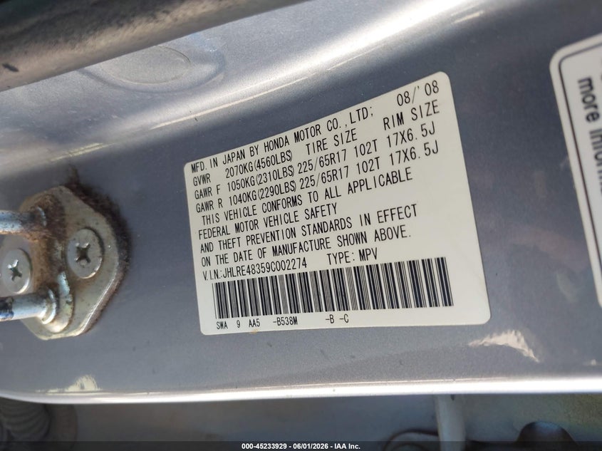 2009 Honda Cr-v VIN JHLRE48359C002274 IAAI salvage auction — RIGHT FRONT, Original (Texas), sold $1,750 on 2026-07-21 (photo 9)