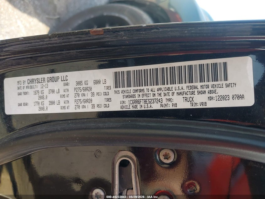 2014 Ram 1500 VIN 1C6RR6FT8ES237243 IAAI salvage auction — REAR END, Salvage Title, sold $1,550 on 2026-07-22 (photo 9)