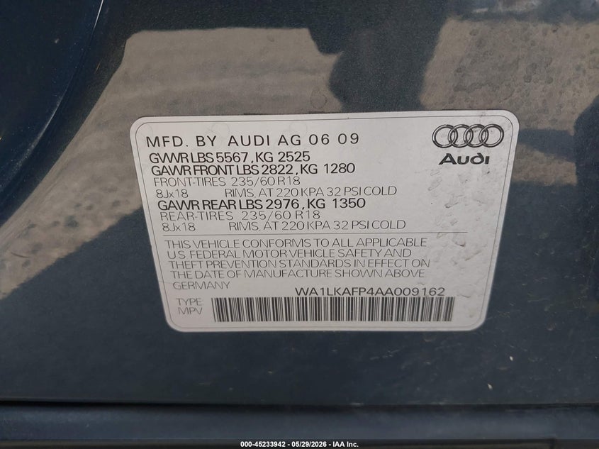 2010 Audi Q5 VIN WA1LKAFP4AA009162 IAAI salvage auction — NORMAL WEAR, Clear - Dealer Only (California), sold $450 on 2026-07-23 (photo 9)
