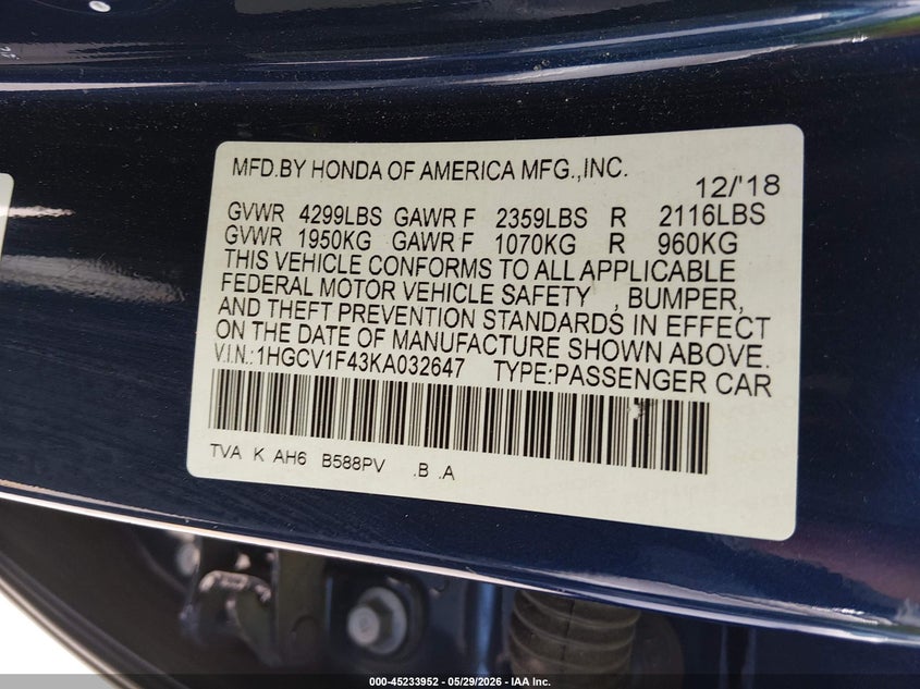 2019 Honda Accord VIN 1HGCV1F43KA032647 IAAI salvage auction — FRONT END, Salvage Title, sold $2,200 on 2026-07-23 (photo 9)
