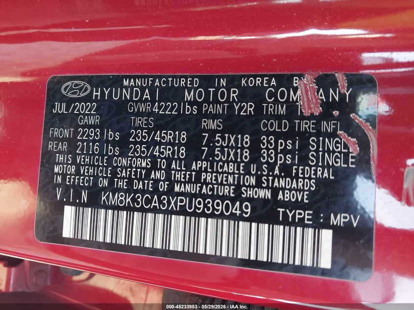 2023 Hyundai Kona VIN KM8K3CA3XPU939049 IAAI salvage auction — FRONT END, Salvage Title, sold $1,850 on 2026-07-14 (photo 9)