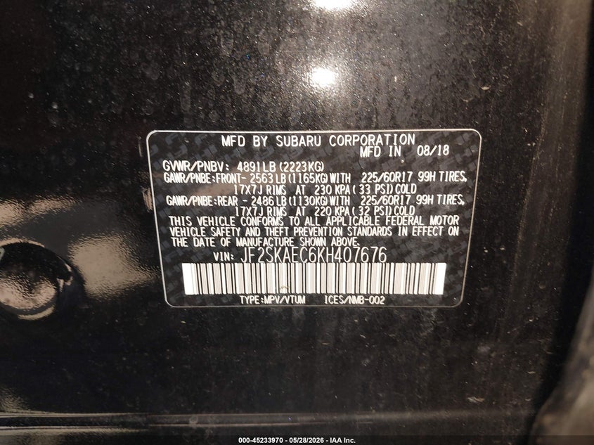 2019 Subaru Forester VIN JF2SKAEC6KH407676 IAAI salvage auction — LEFT SIDE, Salvage Title, sold $5,700 on 2026-07-10 (photo 9)