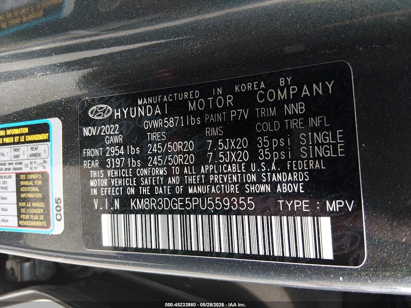 2023 Hyundai Palisade VIN KM8R3DGE5PU559355 IAAI salvage auction — REAR END, Salvage Title, sold $12,050 on 2026-07-08 (photo 9)
