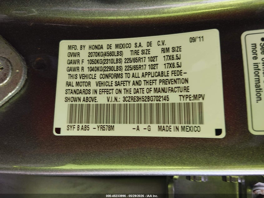 2011 Honda Cr-v VIN 3CZRE3H52BG702145 IAAI salvage auction — FRONT END, Rebuildable (Florida), sold $1,450 on 2026-07-05 (photo 9)