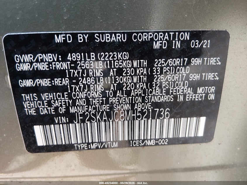 2021 Subaru Forester VIN JF2SKAJC8MH521736 IAAI salvage auction — SIDE, Salvage Title, sold $7,400 on 2026-07-20 (photo 9)