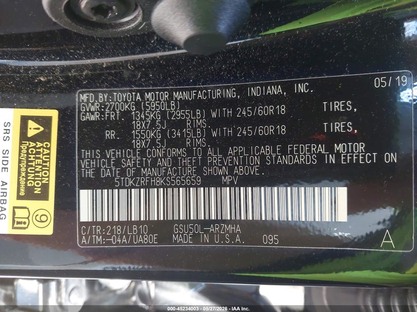 2019 Toyota Highlander VIN 5TDKZRFH8KS565659 IAAI salvage auction — REAR END, Salvage Title, sold $12,000 on 2026-07-09 (photo 9)