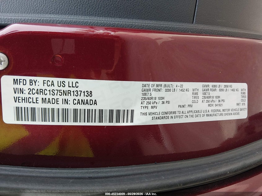 2022 Chrysler Pacifica VIN 2C4RC1S75NR137138 IAAI salvage auction — FRONT END, Salvage Title, sold $7,500 on 2026-07-10 (photo 9)