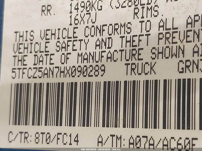 2017 Toyota Tacoma VIN 5TFCZ5AN7HX090289 IAAI salvage auction — SIDE, Salvage Title, sold $5,000 on 2026-07-28 (photo 9)