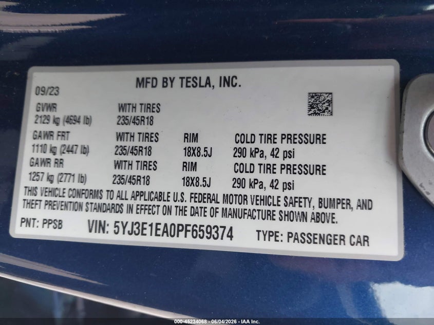 2023 Tesla Model 3 VIN 5YJ3E1EA0PF659374 IAAI salvage auction — REAR END, Salvage Title, sold $11,375 on 2026-07-16 (photo 9)