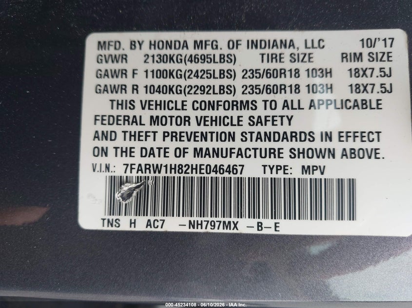 2017 Honda Cr-v VIN 7FARW1H82HE046467 IAAI salvage auction — RIGHT SIDE, Salvage (South Carolina), sold $6,050 on 2026-07-22 (photo 9)