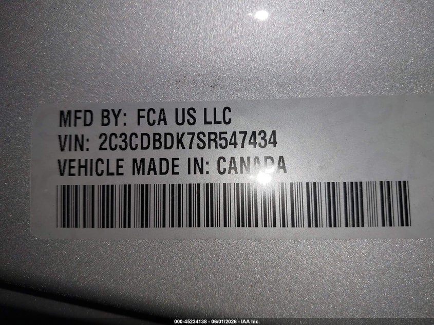2025 Dodge Charger daytona VIN 2C3CDBDK7SR547434 IAAI salvage auction — SIDE, Salvage Title, sold $22,675 on 2026-09-24 (photo 9)