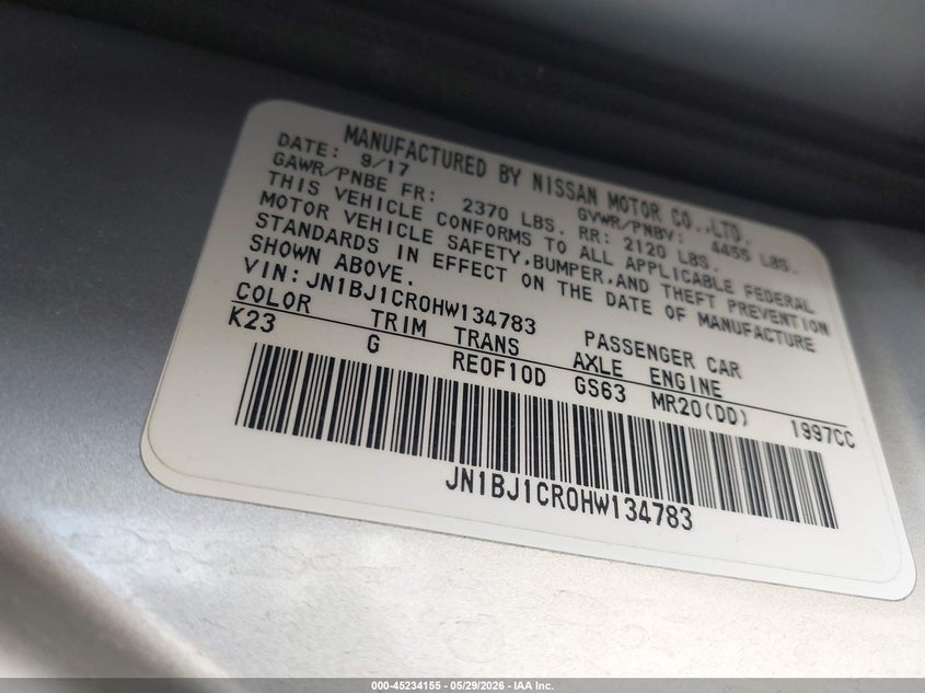2017 Nissan Rogue VIN JN1BJ1CR0HW134783 IAAI salvage auction — FRONT END, Salvage Title, sold $3,600 on 2026-07-14 (photo 9)