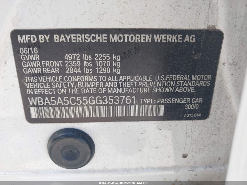 2016 BMW 5er VIN WBA5A5C55GG353761 IAAI salvage auction — FRONT END, Salvage Title, sold $1,450 on 2026-07-14 (photo 9)