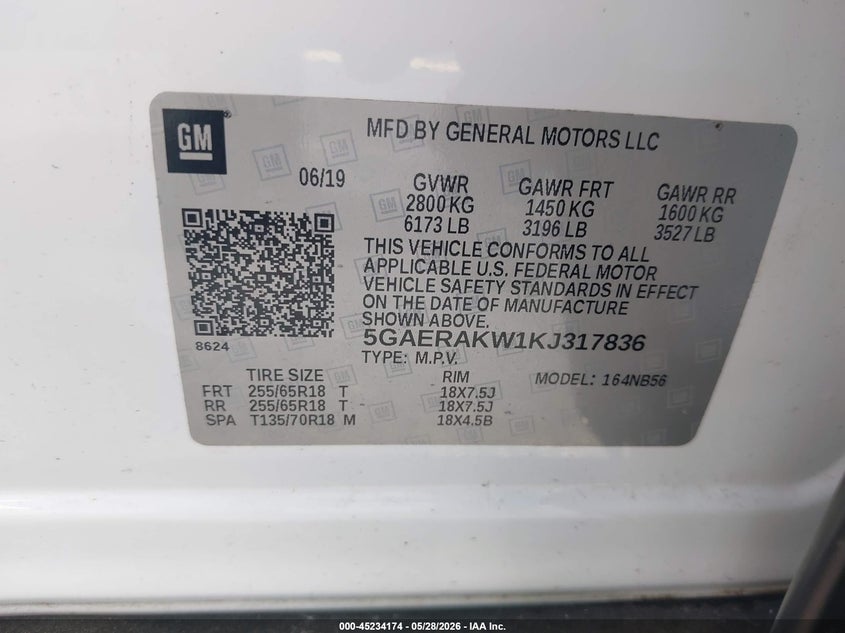 2019 Buick Enclave VIN 5GAERAKW1KJ317836 IAAI salvage auction — REAR END, Salvage Title, sold $3,600 on 2026-07-09 (photo 9)