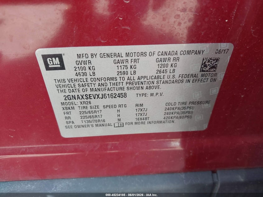 2018 Chevrolet Equinox VIN 2GNAXSEVXJ6162458 IAAI salvage auction — FRONT END, Regular (South Dakota), sold $1,575 on 2026-07-10 (photo 9)