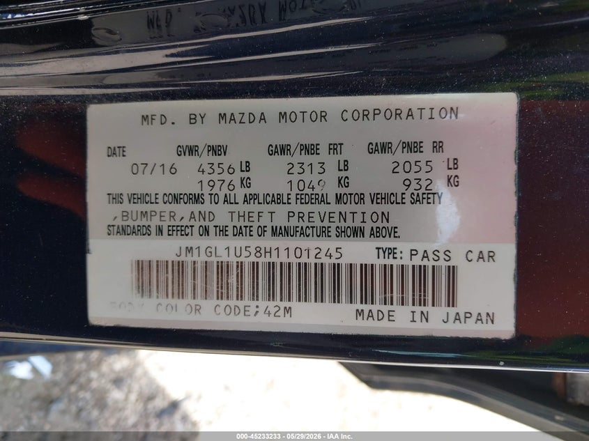 2017 Mazda 6 VIN JM1GL1U58H1101245 IAAI salvage auction — UNKNOWN, Salvage (Illinois), sold $1,100 on 2026-07-07 (photo 9)