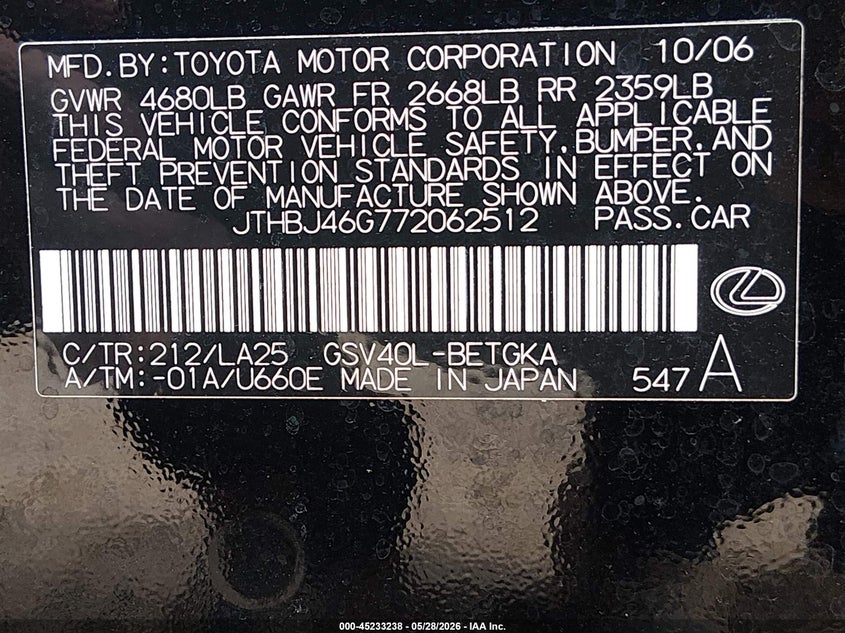 2007 Lexus ES VIN JTHBJ46G772062512 IAAI salvage auction — RIGHT FRONT, Certificate Of Destruction (Florida), sold $975 on 2026-07-14 (photo 9)