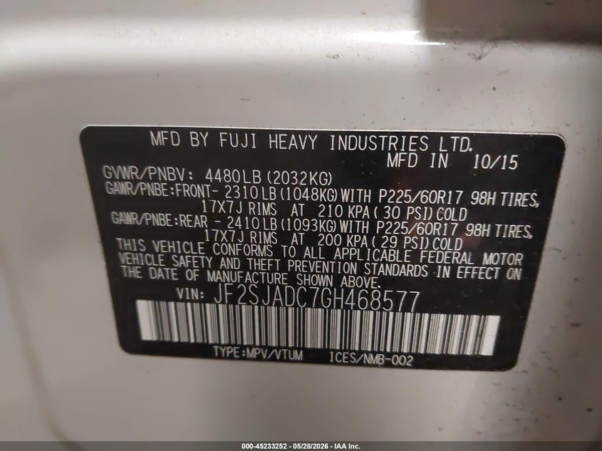 2016 Subaru Forester VIN JF2SJADC7GH468577 IAAI salvage auction — LEFT FRONT, Salvage Title, sold $2,225 on 2026-07-20 (photo 9)