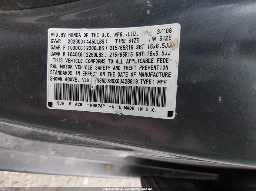 2006 Honda Cr-v VIN SHSRD789X6U428619 IAAI salvage auction — NORMAL WEAR, Clear (Colorado), sold $1,450 on 2026-07-14 (photo 9)