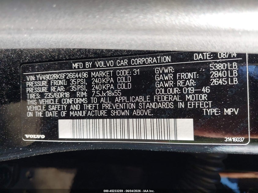 2015 Volvo Xc60 VIN YV4902RK6F2664496 IAAI salvage auction — REAR END, Salvage Title, sold $2,900 on 2026-08-09 (photo 9)