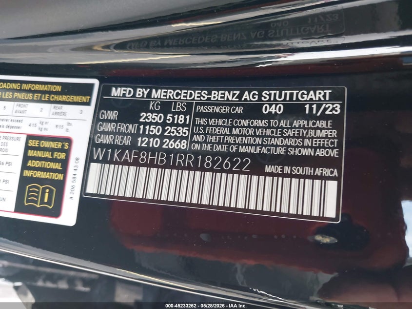 2024 Mercedes-benz VIN W1KAF8HB1RR182622 IAAI salvage auction — FRONT END, Rebuildable (Florida), sold $16,300 on 2026-07-30 (photo 9)