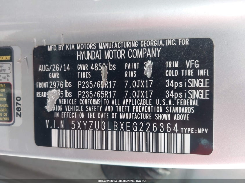 2014 Hyundai Santa fe VIN 5XYZU3LBXEG226364 IAAI salvage auction — REAR END, Salvage Title, sold $1,600 on 2026-07-11 (photo 9)