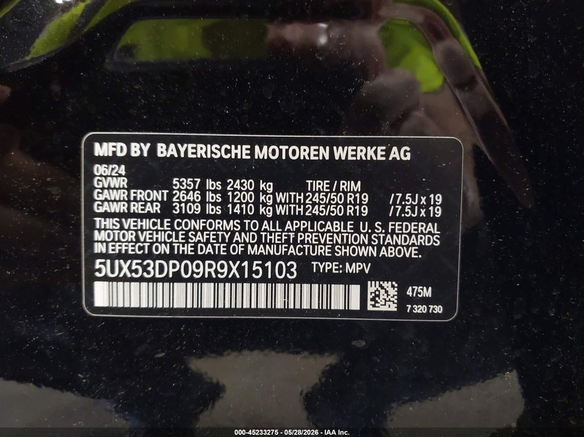 2024 BMW X3 VIN 5UX53DP09R9X15103 IAAI salvage auction — FRONT END, Salvage Title, sold $14,000 on 2026-07-08 (photo 9)
