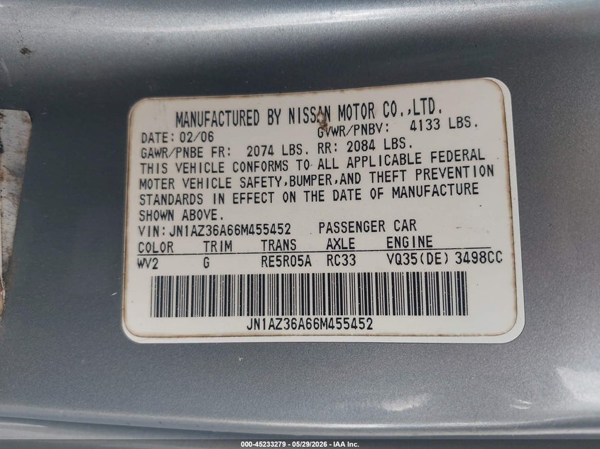 2006 Nissan 350z VIN JN1AZ36A66M455452 IAAI salvage auction — REAR END, Salvage (Georgia), sold $900 on 2026-07-24 (photo 9)