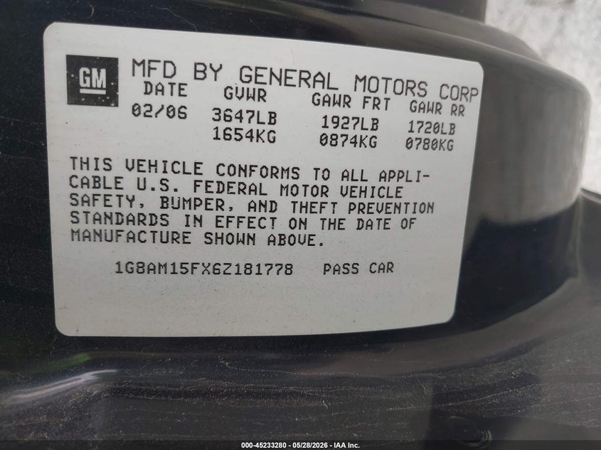2006 Saturn Ion VIN 1G8AM15FX6Z181778 IAAI salvage auction — FRONT END, Salvage (Missouri), sold $25 on 2026-07-08 (photo 9)