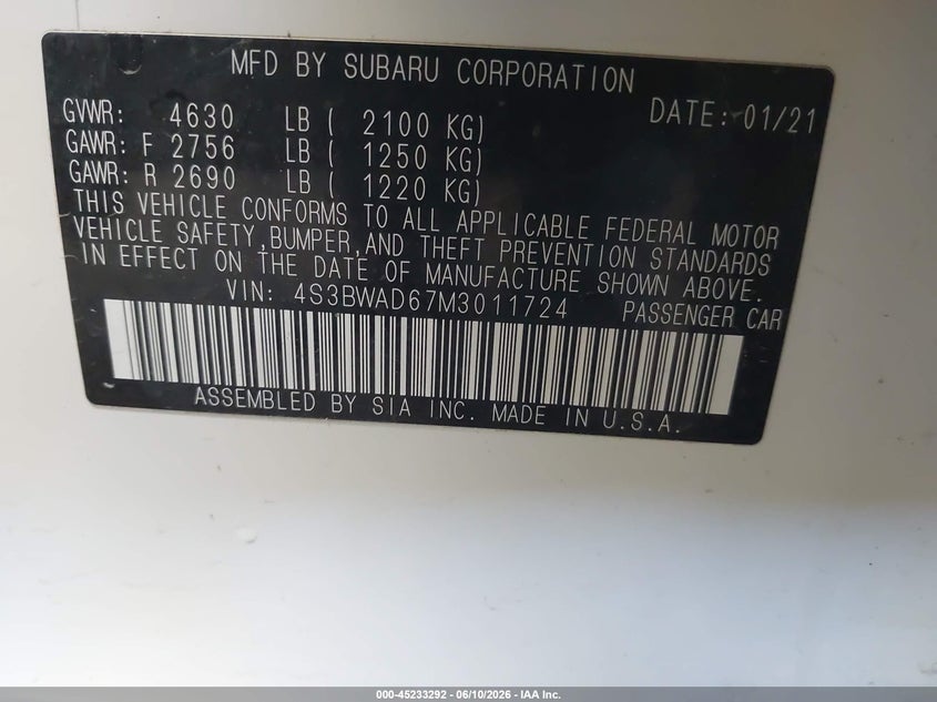 2021 Subaru LEGACY VIN 4S3BWAD67M3011724 IAAI salvage auction — FRONT END, Salvage (North Dakota), sold $1,100 on 2026-07-09 (photo 9)