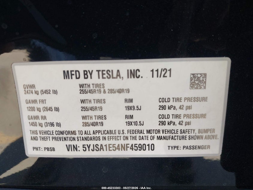 2022 Tesla Model s VIN 5YJSA1E54NF459010 IAAI salvage auction — REAR END, Salvage Title, sold $13,350 on 2026-07-15 (photo 9)