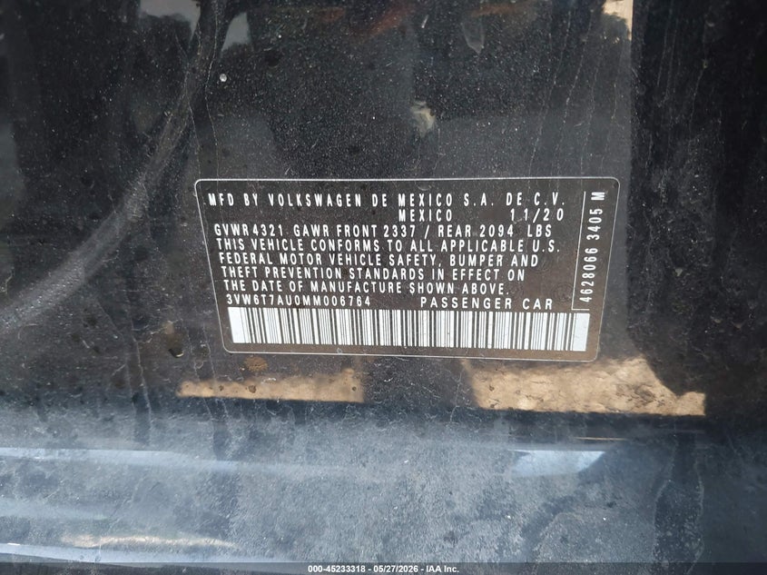 2021 Volkswagen Golf gti VIN 3VW6T7AU0MM006764 IAAI salvage auction — FRONT END, Salvage (Illinois), sold $3,350 on 2026-07-12 (photo 9)