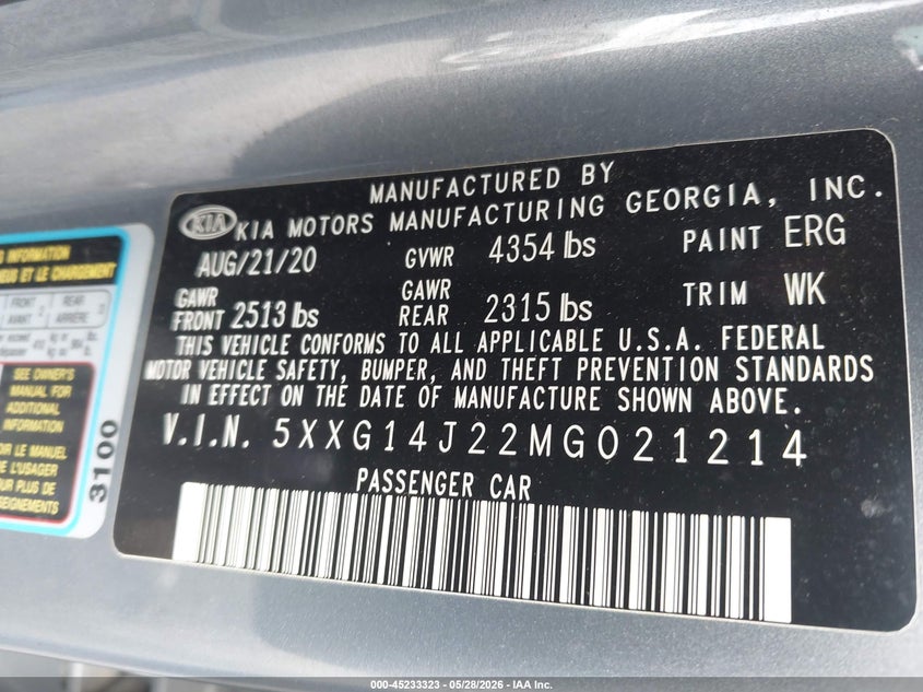 2021 Kia K5 VIN 5XXG14J22MG021214 IAAI salvage auction — REAR END, Salvage Title, sold $4,425 on 2026-07-07 (photo 9)