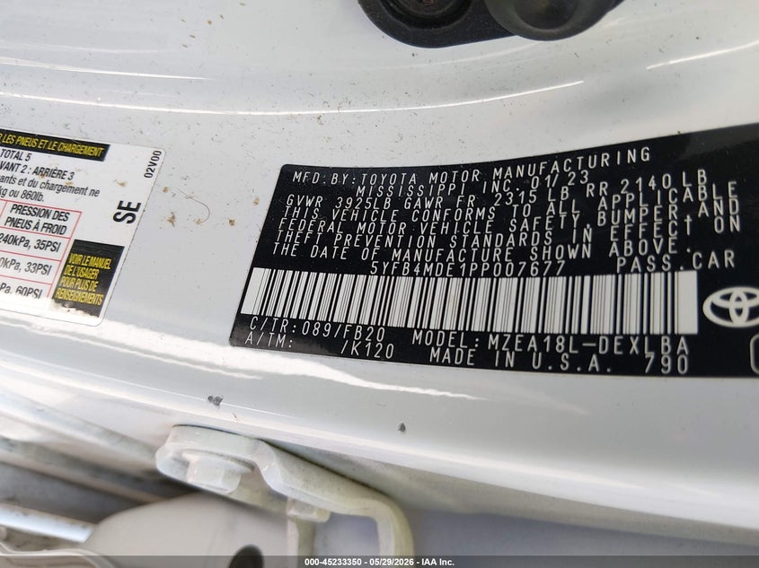 2023 Toyota Corolla VIN 5YFB4MDE1PP007677 IAAI salvage auction — SIDE, Salvage Title, sold $1,250 on 2026-07-22 (photo 9)
