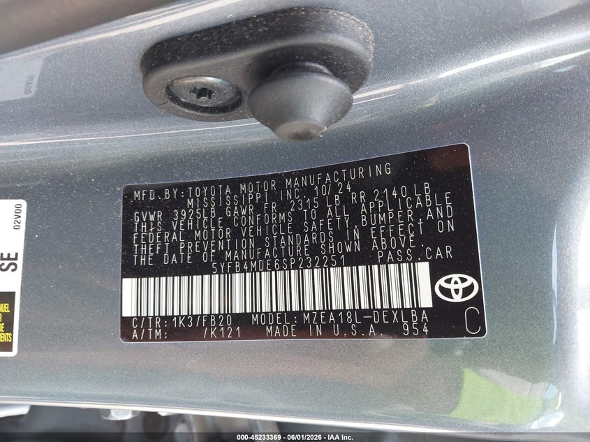 2025 Toyota Corolla VIN 5YFB4MDE6SP232251 IAAI salvage auction — FRONT & REAR, Salvage Title, sold $5,800 on 2026-07-30 (photo 9)