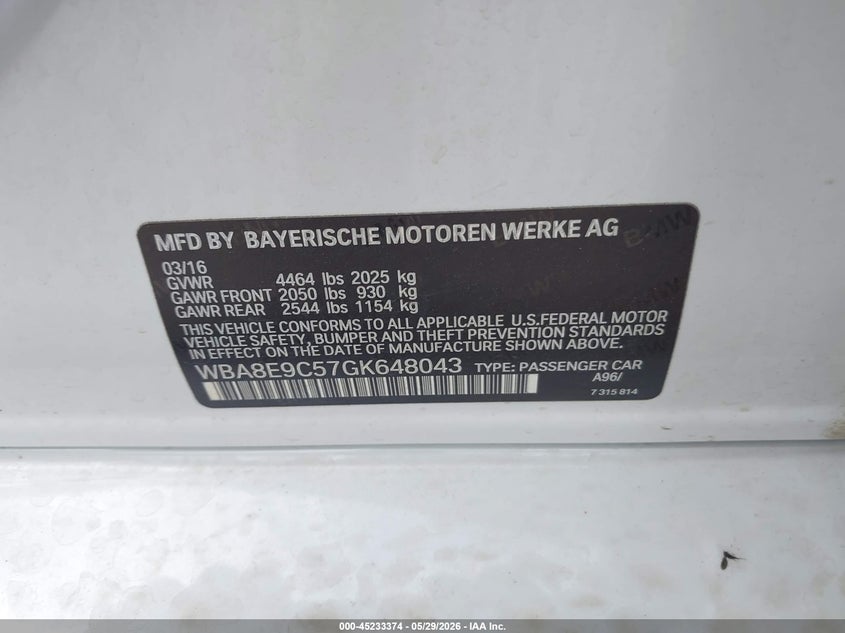 2016 BMW 3er VIN WBA8E9C57GK648043 IAAI salvage auction — FRONT END, Original (Texas), sold $3,150 on 2026-07-05 (photo 9)