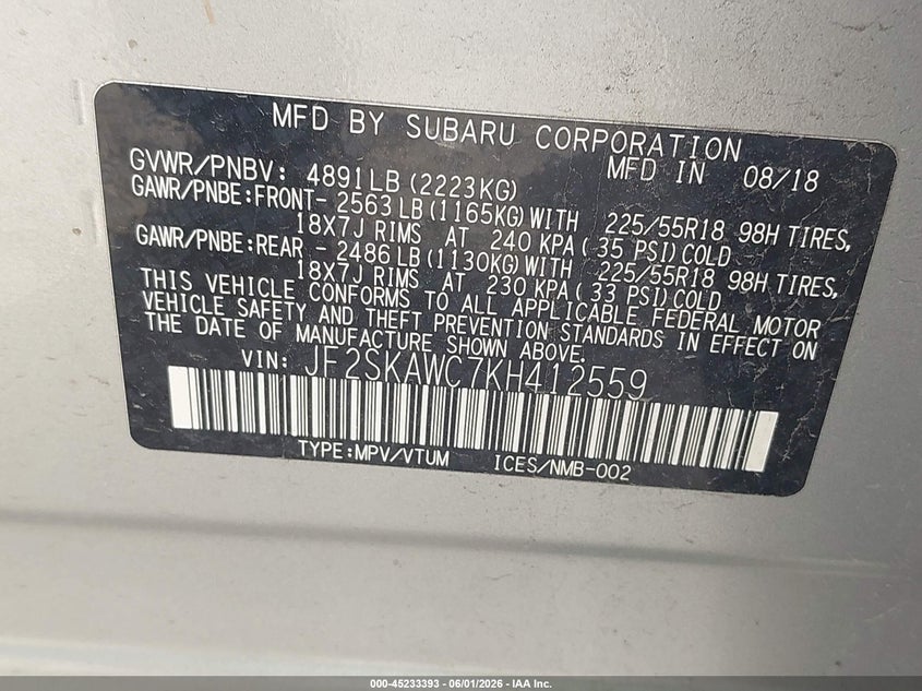 2019 Subaru Forester VIN JF2SKAWC7KH412559 IAAI salvage auction — FRONT & REAR, Salvage Title, sold $3,600 on 2026-07-29 (photo 9)