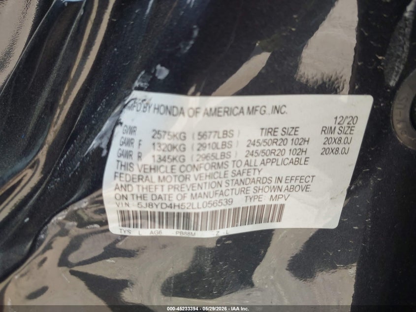 2020 Acura Mdx VIN 5J8YD4H52LL056539 IAAI salvage auction — LEFT & RIGHT, Salvage Title, sold $1,675 on 2026-07-27 (photo 9)