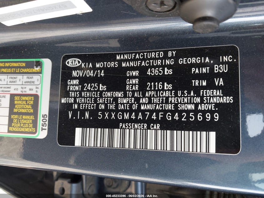 2015 Kia Optima VIN 5XXGM4A74FG425699 IAAI salvage auction — REAR END, Salvage (Georgia), sold $675 on 2026-07-06 (photo 9)