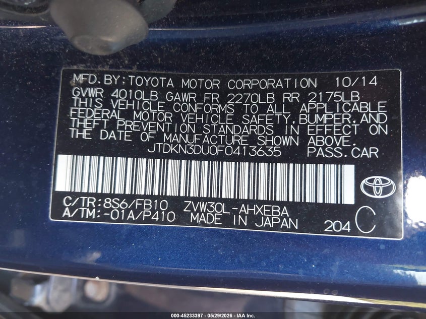 2015 Toyota Prius VIN JTDKN3DU0F0413635 IAAI salvage auction — FRONT END, Salvage Title, sold $600 on 2026-07-15 (photo 9)