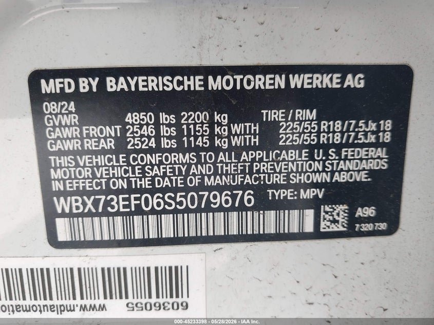 2025 BMW X1 VIN WBX73EF06S5079676 IAAI salvage auction — RIGHT SIDE, Mv-907A (New York), sold $9,900 on 2026-07-28 (photo 9)