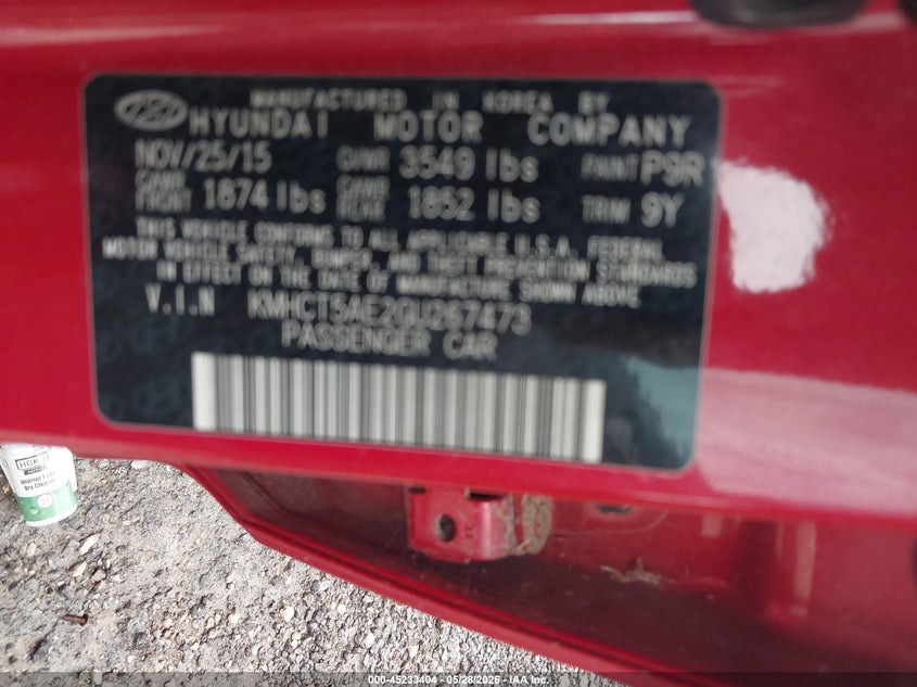 2016 Hyundai Accent VIN KMHCT5AE2GU267473 IAAI salvage auction — LEFT FRONT, Clear (Oklahoma), sold $500 on 2026-07-29 (photo 9)