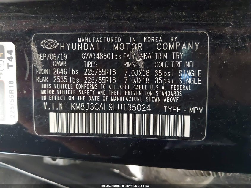 2020 Hyundai Tucson VIN KM8J3CAL9LU135024 IAAI salvage auction — FRONT END, Salvage (Texas), sold $25 on 2026-07-27 (photo 9)