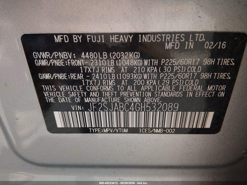 2016 Subaru Forester VIN JF2SJABC4GH532089 IAAI salvage auction — FRONT END, Salvage Title, sold $1,175 on 2026-07-08 (photo 9)