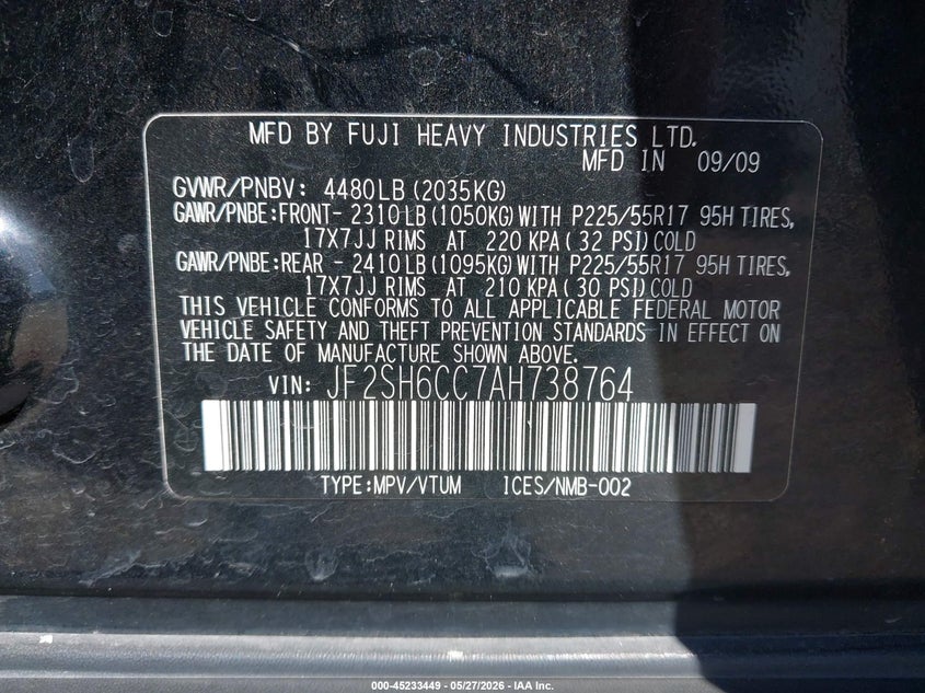 2010 Subaru Forester VIN JF2SH6CC7AH738764 IAAI salvage auction — NORMAL WEAR, Clear (New Mexico), sold $625 on 2026-07-06 (photo 9)